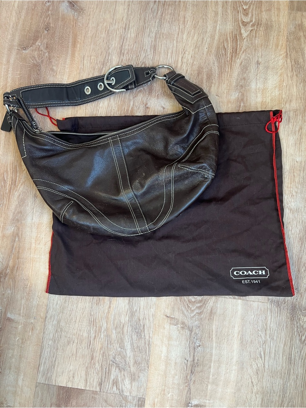 Coach Black Leather Shoulder Hobo with White Contrast Stitching
